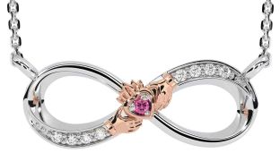 Diamond Pink Tourmaline White Rose Gold Claddagh Infinity Necklace