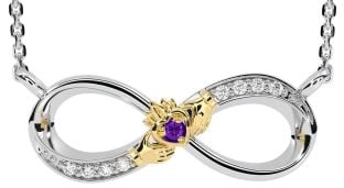 Diamond Amethyst White Yellow Gold Claddagh Infinity Necklace