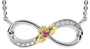 Diamond Pink Tourmaline White Yellow Gold Claddagh Infinity Necklace