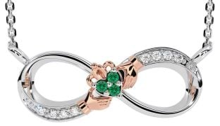 Diamond Emerald Rose Gold Silver Claddagh Infinity Necklace