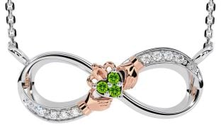 Diamond Peridot Rose Gold Silver Claddagh Infinity Necklace