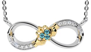 Diamond Aquamarine Gold Silver Claddagh Infinity Necklace