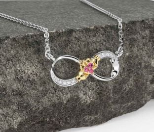 Diamond Pink Tourmaline Gold Silver Claddagh Infinity Necklace