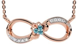 Diamond Aquamarine Rose Gold Silver Claddagh Infinity Necklace