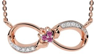 Diamond Pink Tourmaline Rose Gold Silver Claddagh Infinity Necklace