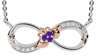 Diamond Amethyst Rose Gold Silver Claddagh Infinity Necklace