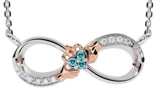 Diamond Aquamarine Rose Gold Silver Claddagh Infinity Necklace