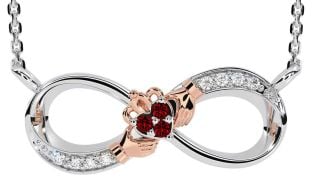 Diamond Garnet Rose Gold Silver Claddagh Infinity Necklace