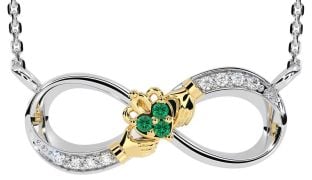 Diamond Emerald White Yellow Gold Claddagh Infinity Necklace