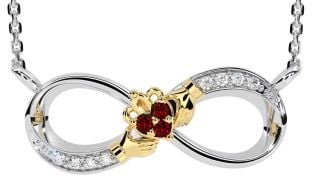 Diamond Garnet White Yellow Gold Claddagh Infinity Necklace