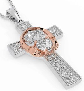 Diamond Rose Gold Silver Claddagh Trinity Knot Celtic Cross Necklace