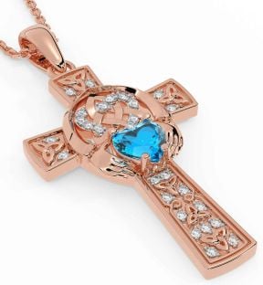 Diamond Topaz Rose Gold Silver Claddagh Trinity Knot Celtic Cross Necklace