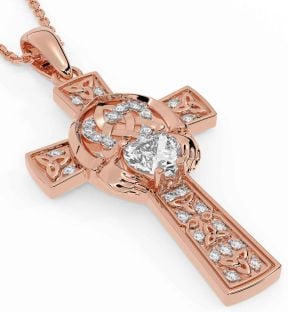 Diamond Rose Gold Claddagh Trinity Knot Celtic Cross Necklace