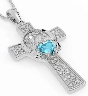 Diamond Aquamarine Silver Claddagh Trinity Knot Celtic Cross Necklace