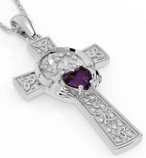 Diamond Alexandrite Silver Claddagh Trinity Knot Celtic Cross Necklace