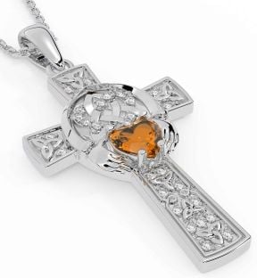 Diamond Citrine Silver Claddagh Trinity Knot Celtic Cross Necklace