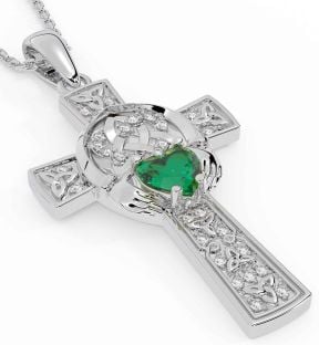 Diamond Emerald Silver Claddagh Trinity Knot Celtic Cross Necklace