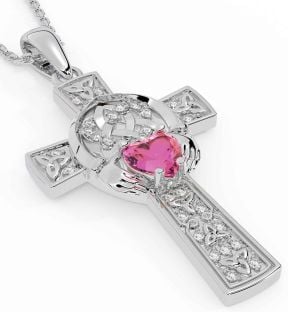 Diamond Pink Tourmaline Silver Claddagh Trinity Knot Celtic Cross Necklace