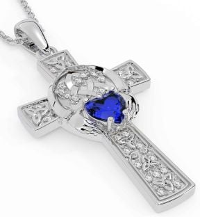 Diamond Sapphire Silver Claddagh Trinity Knot Celtic Cross Necklace