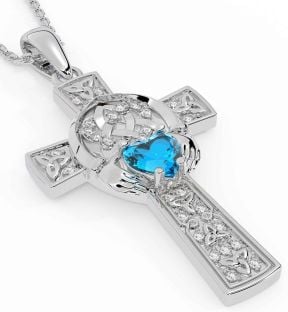 Diamond Topaz Silver Claddagh Trinity Knot Celtic Cross Necklace