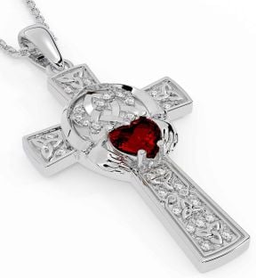 Diamond Garnet White Gold Claddagh Trinity Knot Celtic Cross Necklace