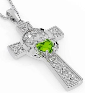 Diamond Peridot White Gold Claddagh Trinity Knot Celtic Cross Necklace