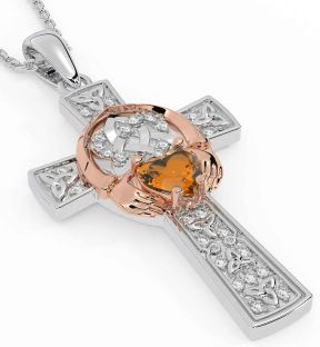 Diamond Citrine White Rose Gold Claddagh Trinity Knot Celtic Cross Necklace