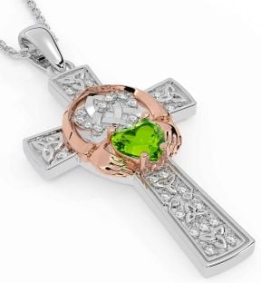 Diamond Peridot White Rose Gold Claddagh Trinity Knot Celtic Cross Necklace