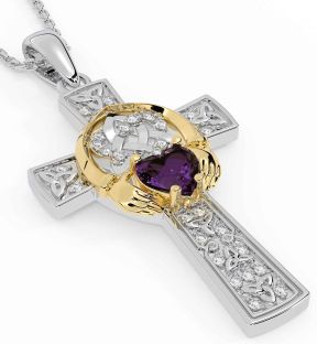 Diamond Alexandrite White Yellow Gold Claddagh Trinity Knot Celtic Cross Necklace