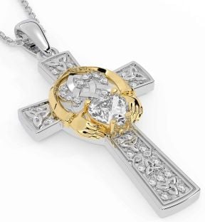 Diamond White Yellow Gold Claddagh Trinity Knot Celtic Cross Necklace