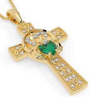 Diamond Emerald Gold Claddagh Trinity Knot Celtic Cross Necklace