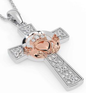 Diamond White Rose Gold Claddagh Trinity Knot Celtic Cross Necklace