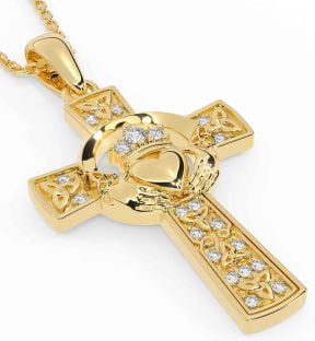 Diamond Gold Claddagh Trinity Knot Celtic Cross Necklace