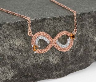 Diamond Citrine Rose Gold Silver Celtic Trinity Knot Infinity Necklace