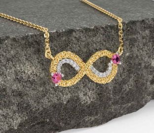 Diamond Pink Tourmaline Gold Silver Celtic Trinity Knot Infinity Necklace