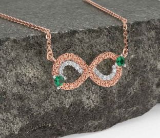 Diamond Emerald Rose Gold Celtic Trinity Knot Infinity Necklace