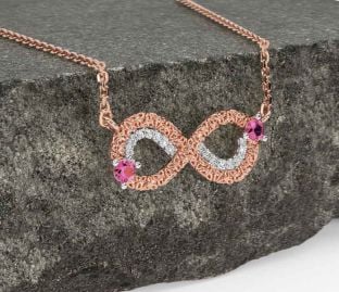 Diamond Pink Tourmaline Rose Gold Celtic Trinity Knot Infinity Necklace