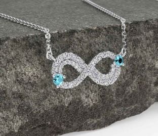 Diamond Aquamarine Silver Celtic Trinity Knot Infinity Necklace