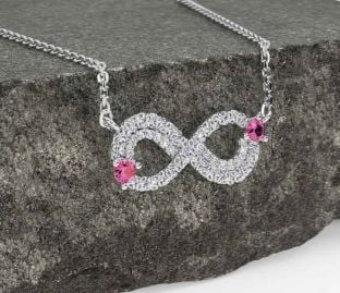 Diamond Pink Tourmaline Silver Celtic Trinity Knot Infinity Necklace