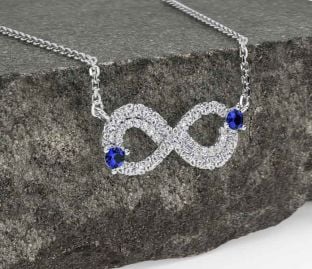 Diamond Sapphire White Gold Celtic Trinity Knot Infinity Necklace
