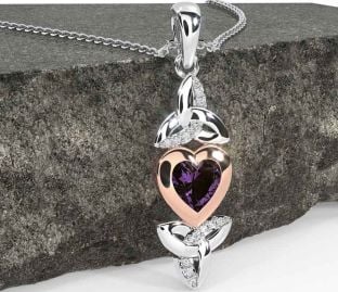 Diamond Alexandrite Rose Gold Silver Celtic Trinity Knot Heart Necklace