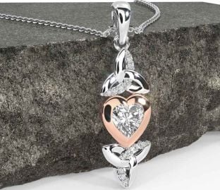 Diamond Rose Gold Silver Celtic Trinity Knot Heart Necklace