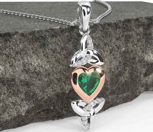 Diamond Emerald Rose Gold Silver Celtic Trinity Knot Heart Necklace