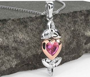 Diamond Pink Tourmaline Rose Gold Silver Celtic Trinity Knot Heart Necklace