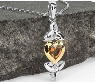 Diamond Citrine Gold Silver Celtic Trinity Knot Heart Necklace