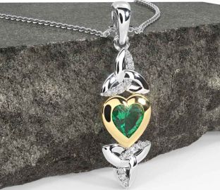 Diamond Emerald Gold Silver Celtic Trinity Knot Heart Necklace