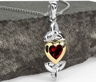 Diamond Garnet Gold Silver Celtic Trinity Knot Heart Necklace
