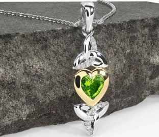 Diamond Peridot Gold Silver Celtic Trinity Knot Heart Necklace
