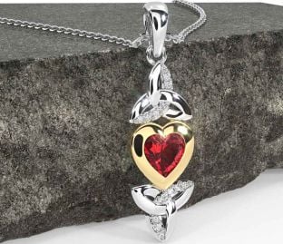 Diamond Ruby Gold Silver Celtic Trinity Knot Heart Necklace