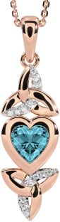 Diamond Aquamarine Rose Gold Silver Celtic Trinity Knot Heart Necklace